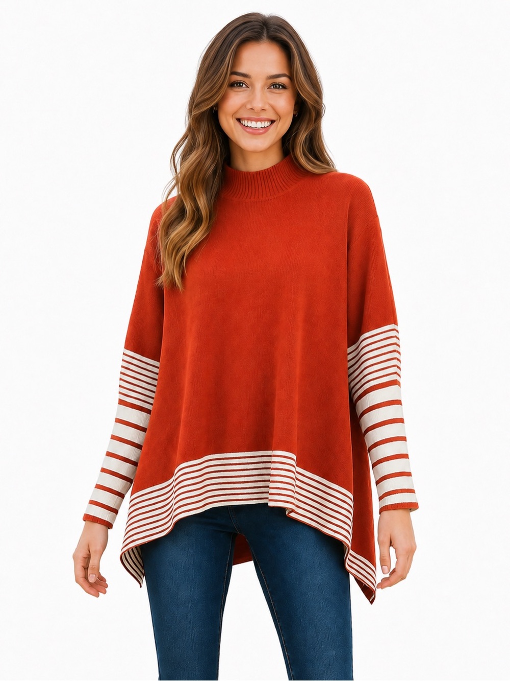 Burnt Orange Striped Oversized Cape Sweater OS Poncho Mock Neck Boho Fall Artsy